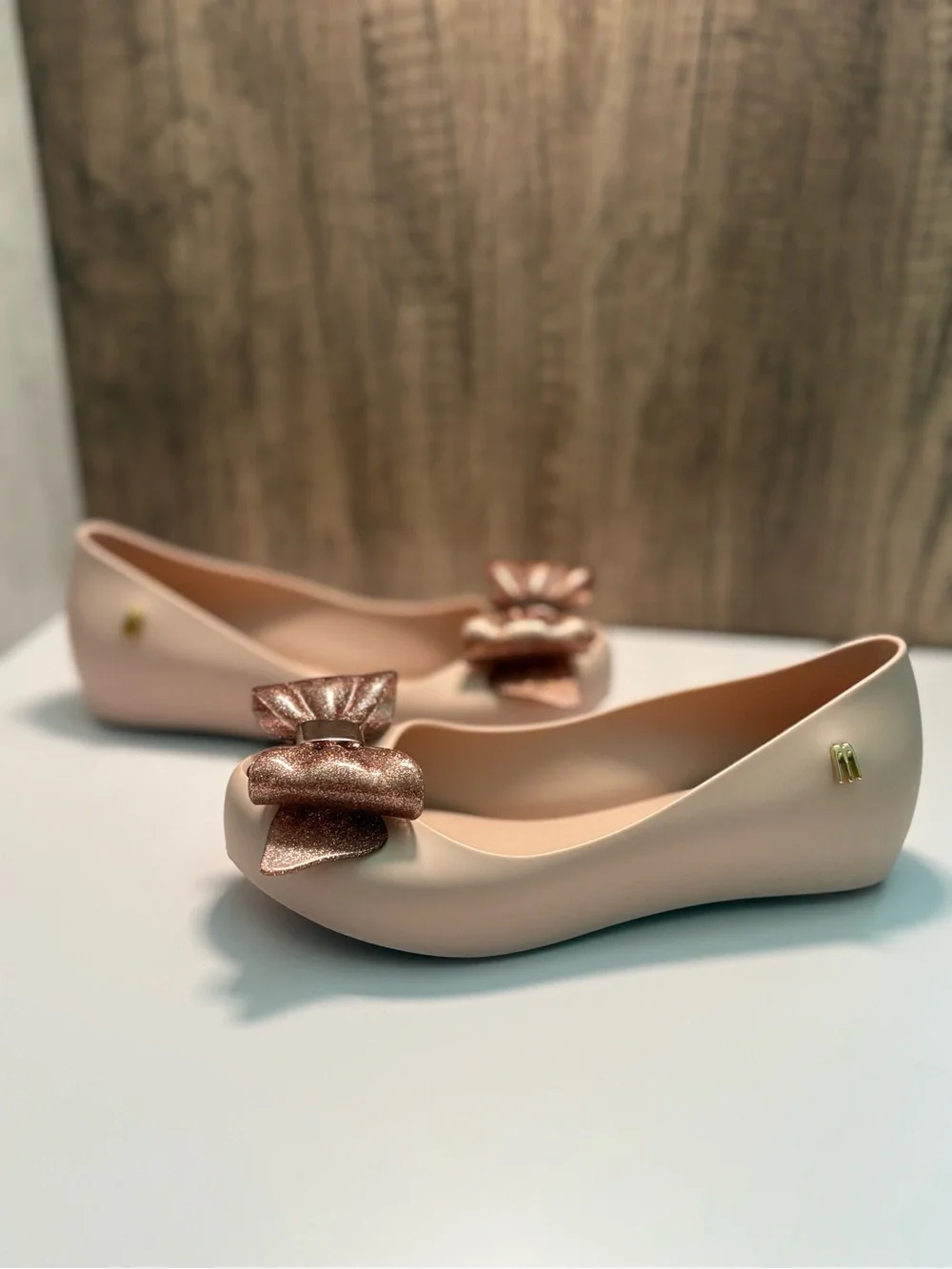 Mini Melissa Blush Pink Girls' Flats with Metallic Rose Bow